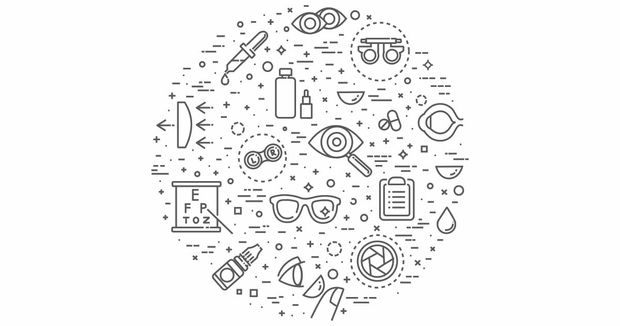 Illustration of a number of items related to eye health, including an eye chart and glasses, all arranged in a circle.