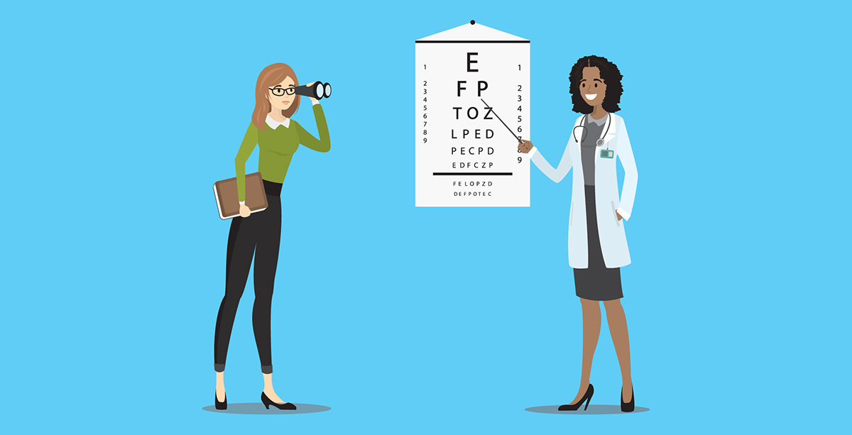 An illustration of a woman at the optometrist. She reads the eye chart with binoculars.